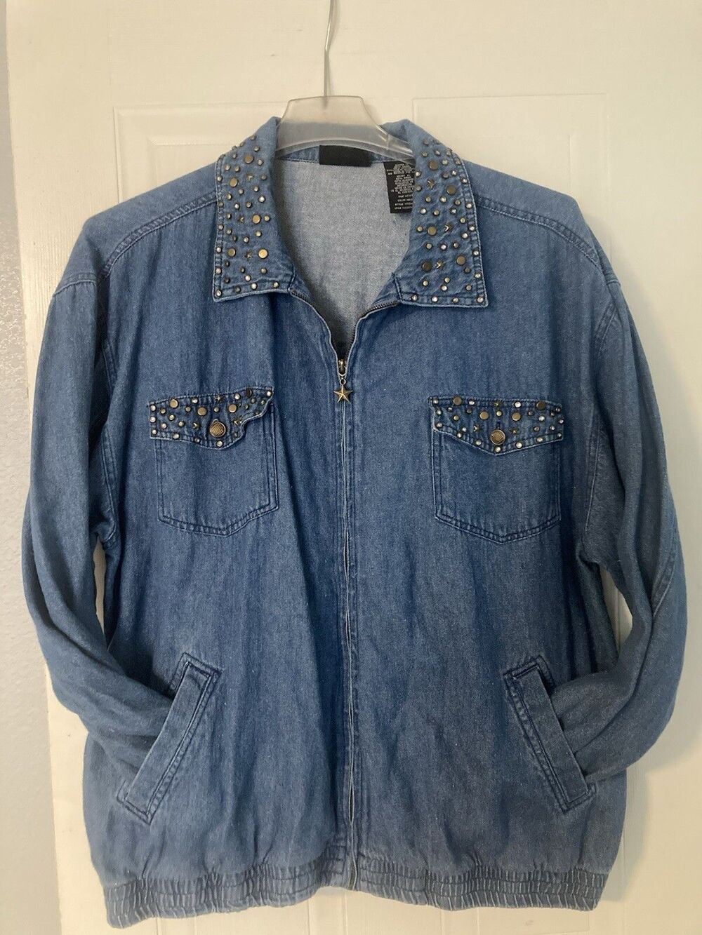 Vtg Y2K Denim Studded Jacket Rhinestones Blue Jean 1X Cowgirl Rodeo Grannycore
